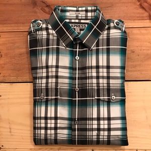Express Black and Teal Plaid Casual Button Down Shirt